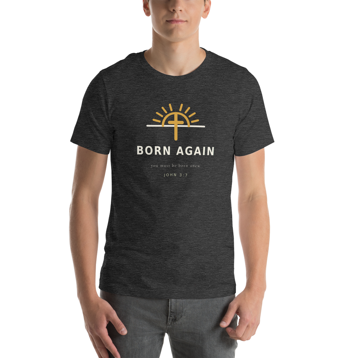 BORN AGAIN Dark Grey Heather Tee — Front View