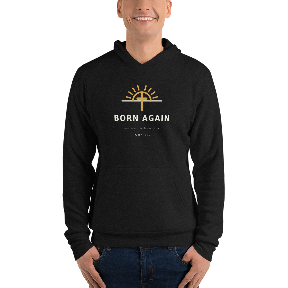 BORN AGAIN Black Heather Hoodie — Front View