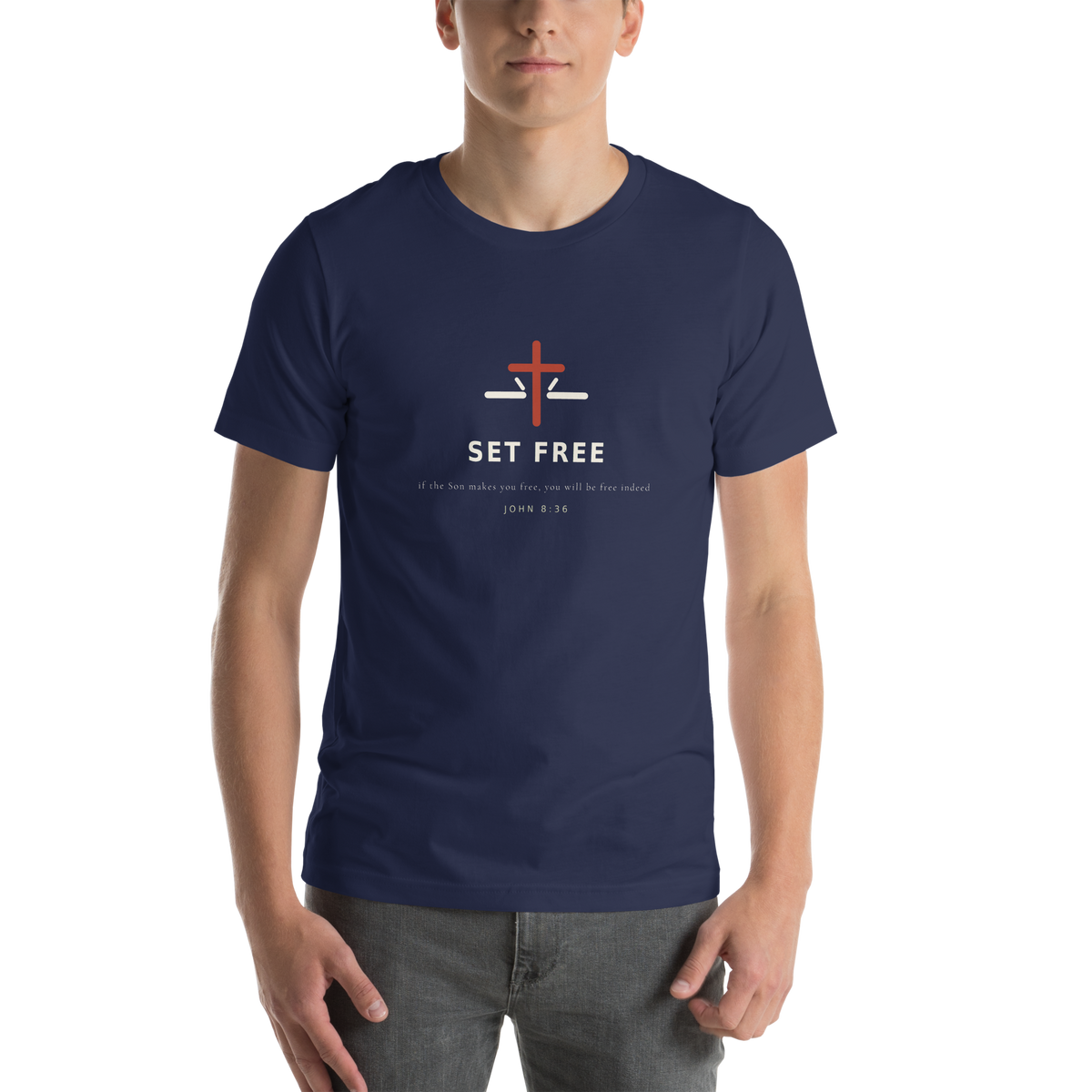 SET FREE Navy Tee — Front View