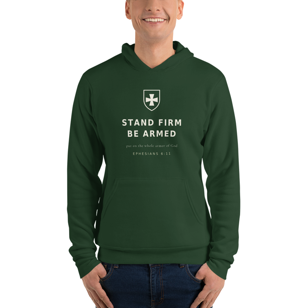 STAND FIRM BE ARMED Forest Hoodie — Front View